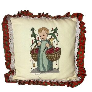 Handmade Vtg. 1985 Hummel Cross Stitch Pillow Square Signed Ruffle Eyelet 80s